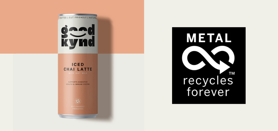 a good kynd chai can with prebiotics on a split off-white and peach coloured background next to a metal recycles forever logo showing that our aluminium cans are forever recyclable and sutainable