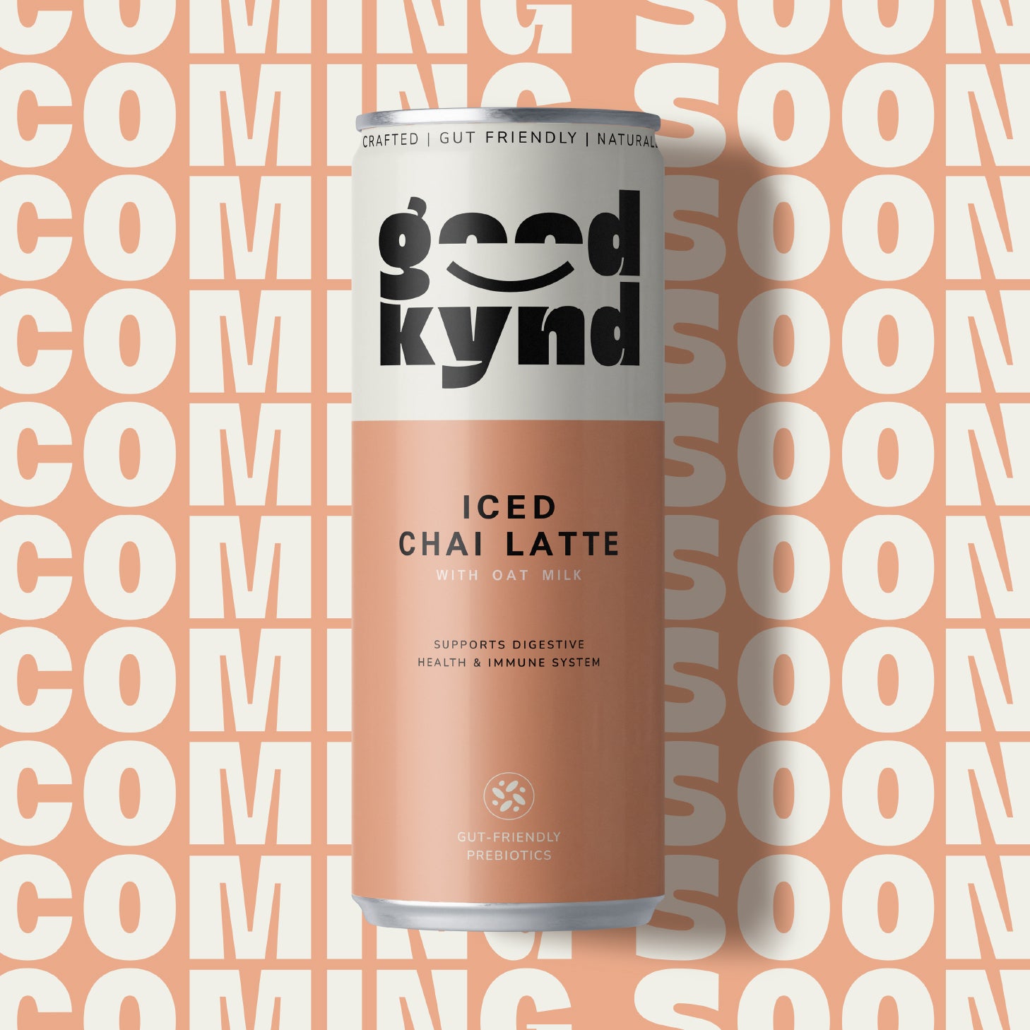 Good Kynd Chai can with prebiotics on peach-coloured background with 'coming soon' writing over the background